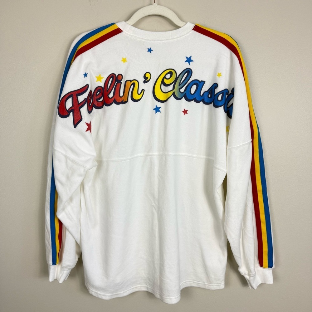 Disney Feelin Classic Spirit Jersey Womens Medium Rainbow Stripes White Velour